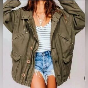 Free People Joshua Tree Utility Cargo Jacket hooded oversized 100% cotton canvas